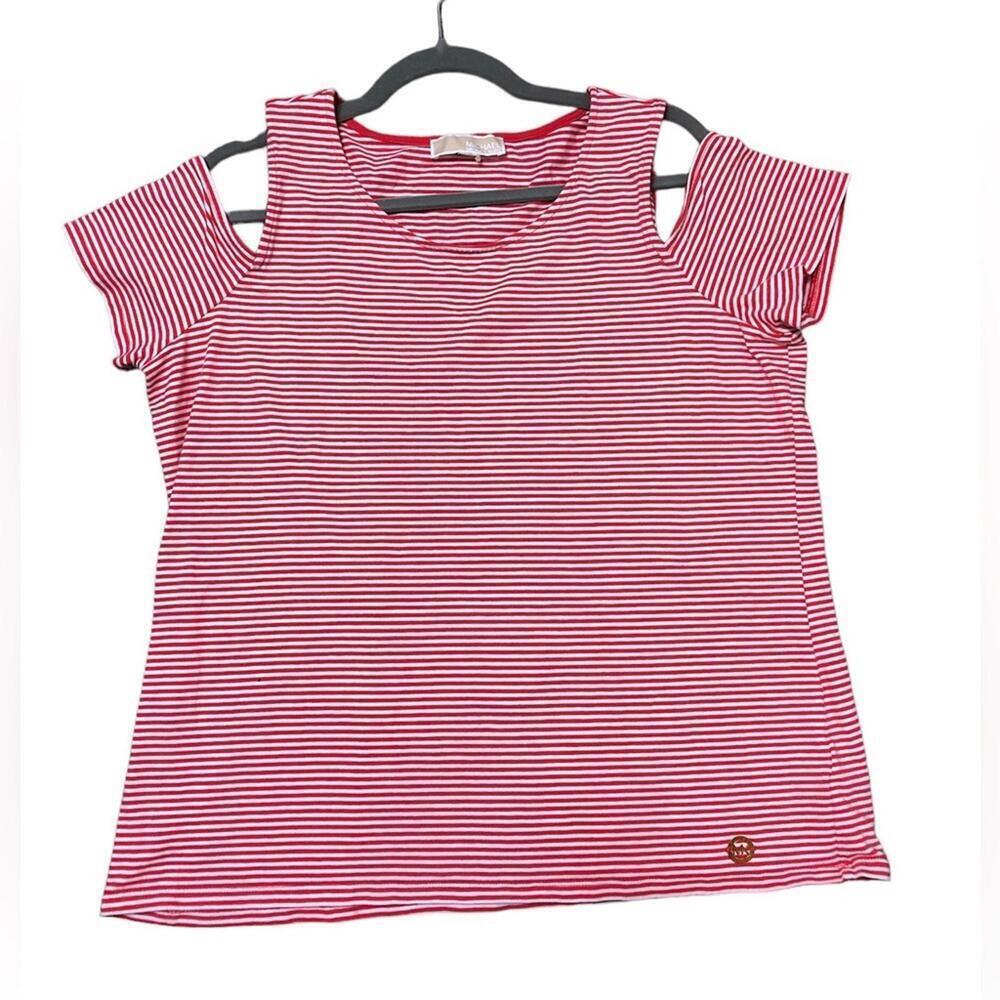 Michael Kors Cold Shoulder Tee Shirt Short Sleeve Striped Red Orange White